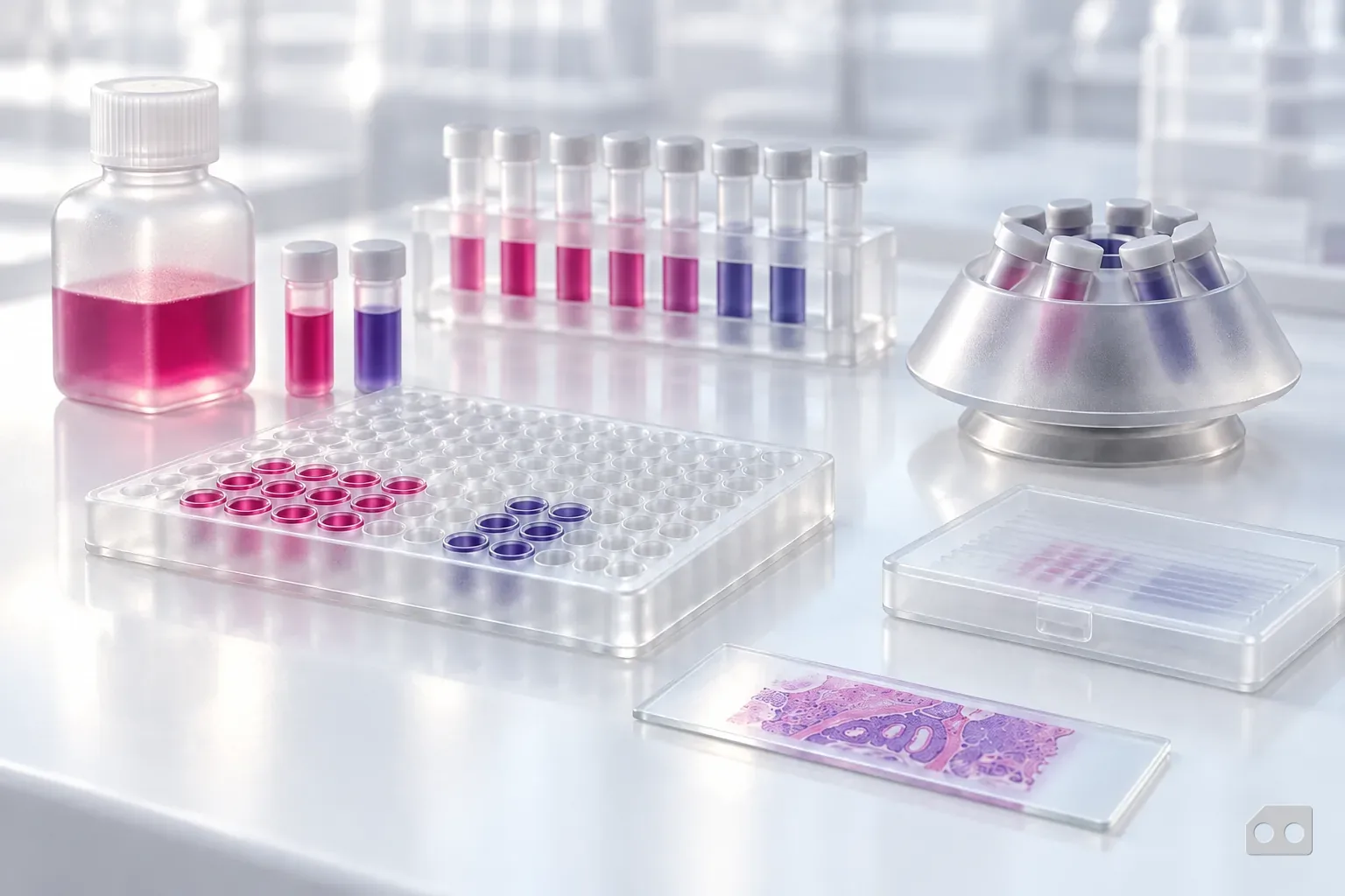 Frosted-glass render of a reagent bottle, control vials, a tube rack and a slide box set in order