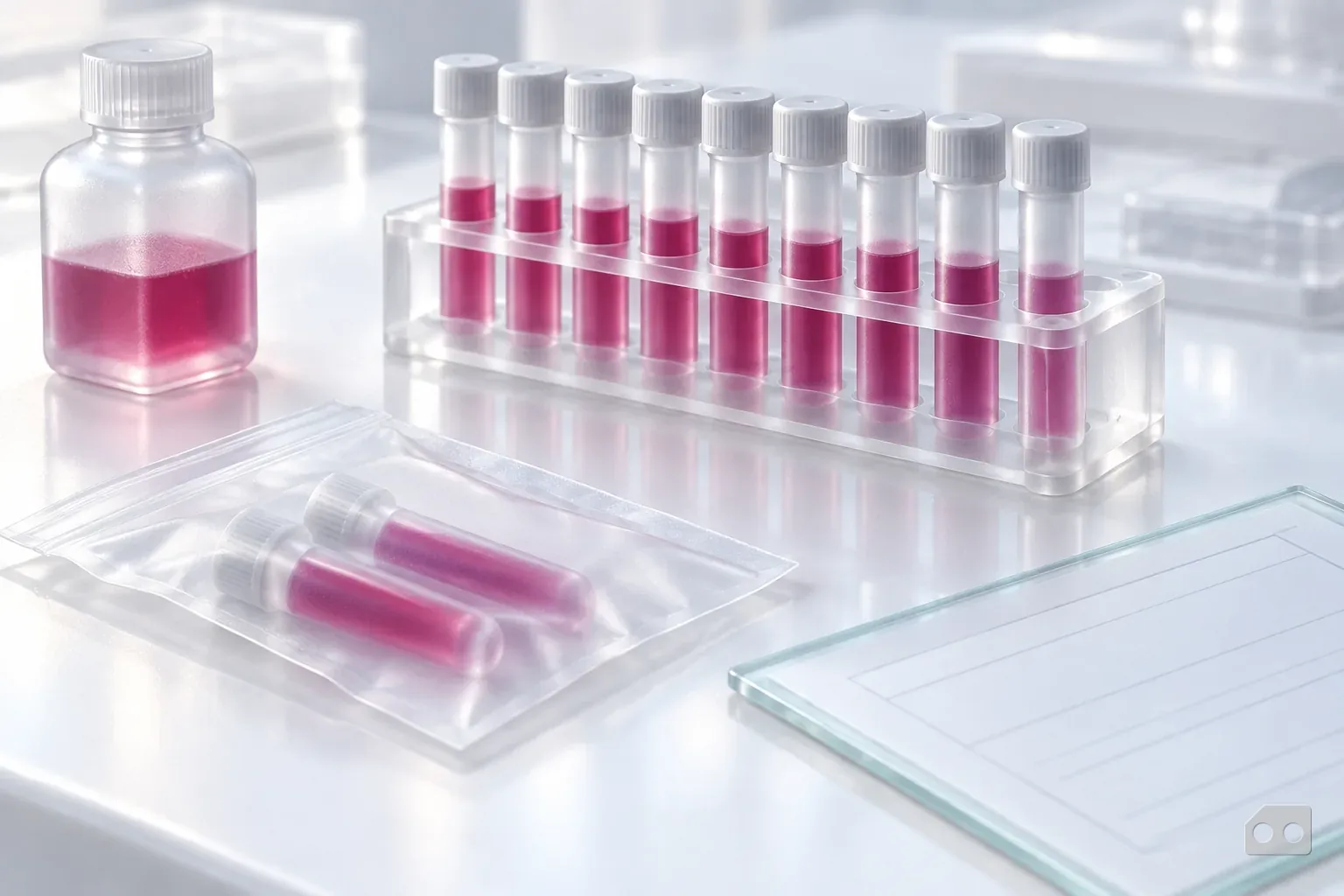 Frosted-glass render of a rack of capped tubes, a sealed specimen bag and a blank requisition