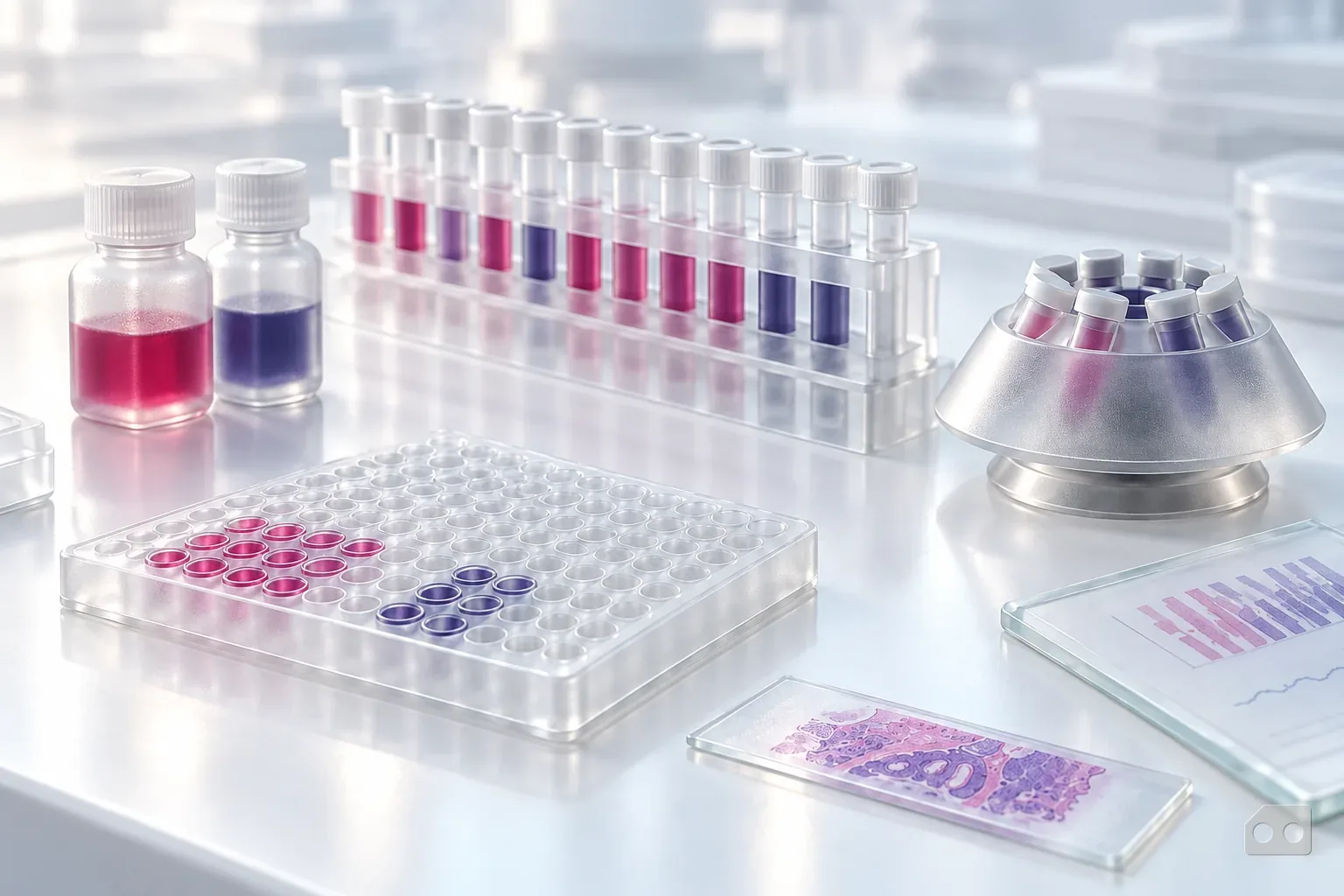 Frosted-glass render of two control vials at the head of a long tube rack