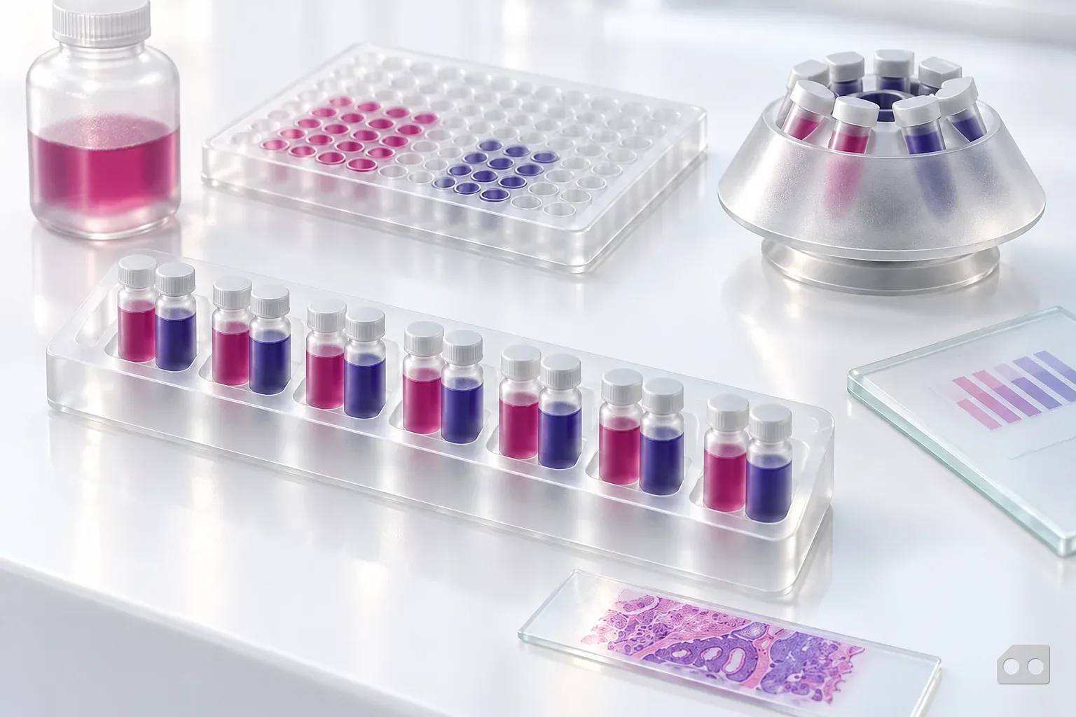 Frosted-glass render of a seven-slot tray holding a pair of control vials in each slot