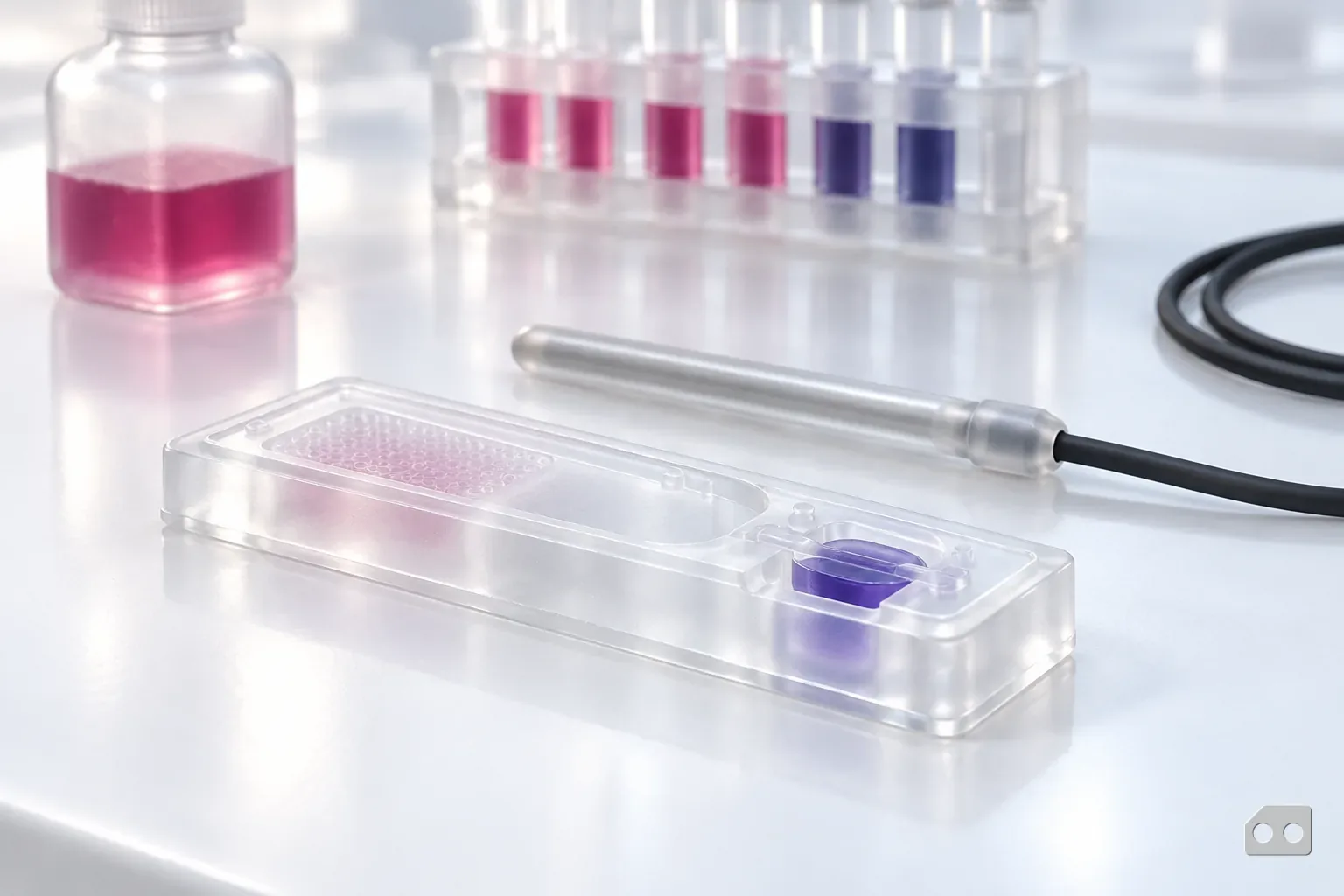 Frosted-glass render of a test cartridge with a built-in control well beside a temperature probe
