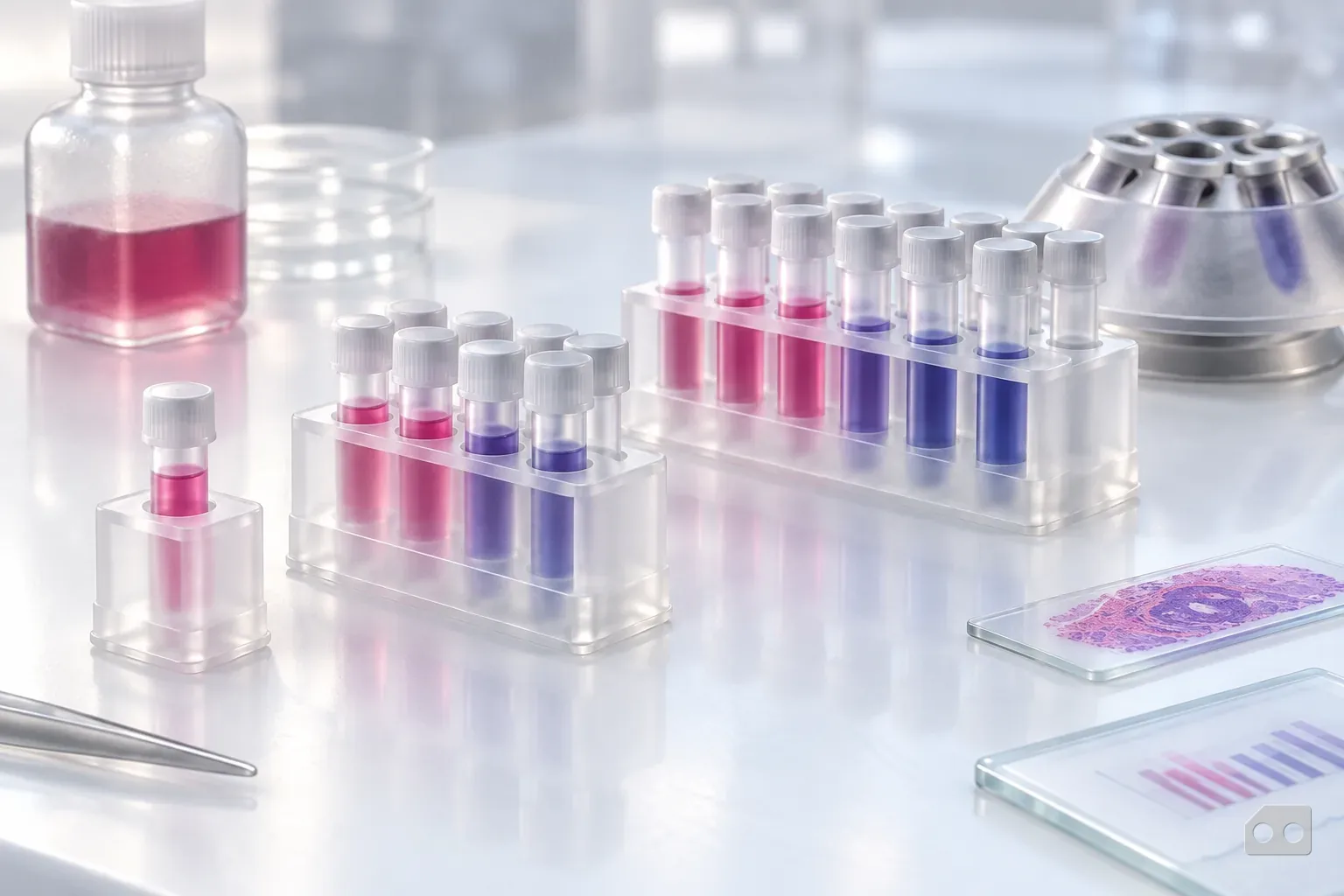 Frosted-glass render of three tube racks of rising size
