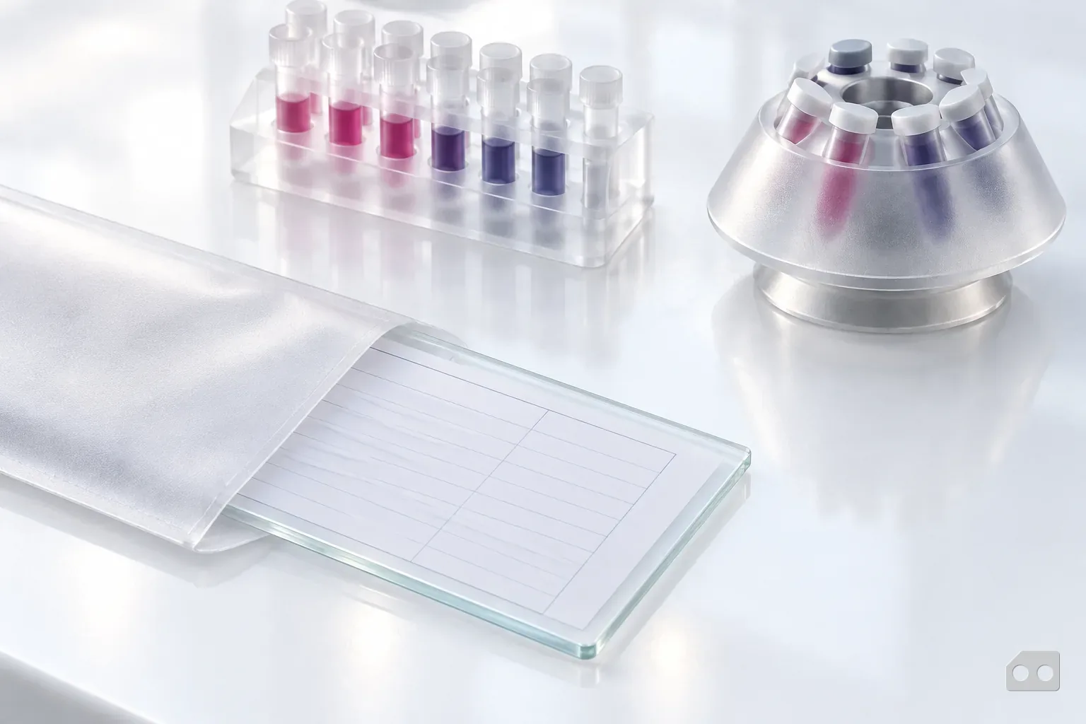Frosted-glass render of a blank form sliding into a frosted sleeve beside a tube rack