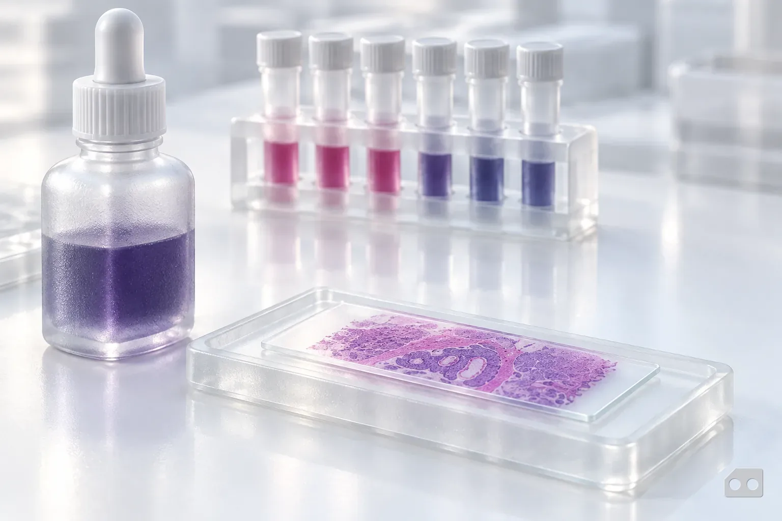 Frosted-glass render of a stained slide with a coverslip beside a stain dropper bottle