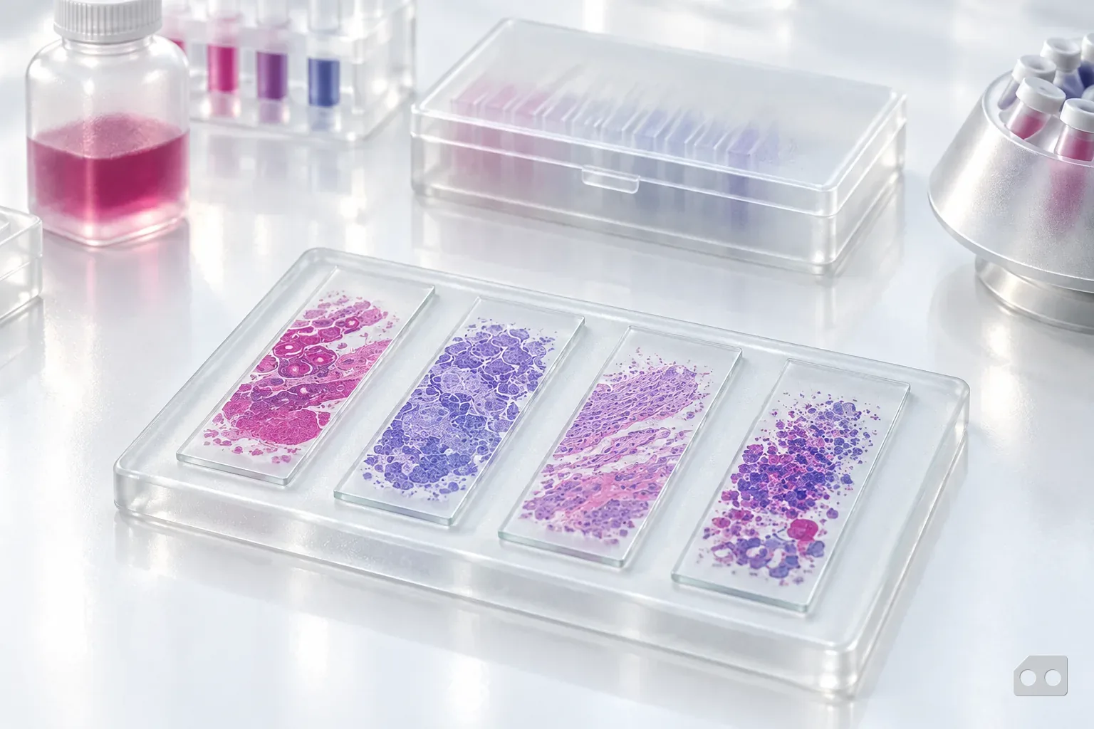 Frosted-glass render of four differently stained slides side by side