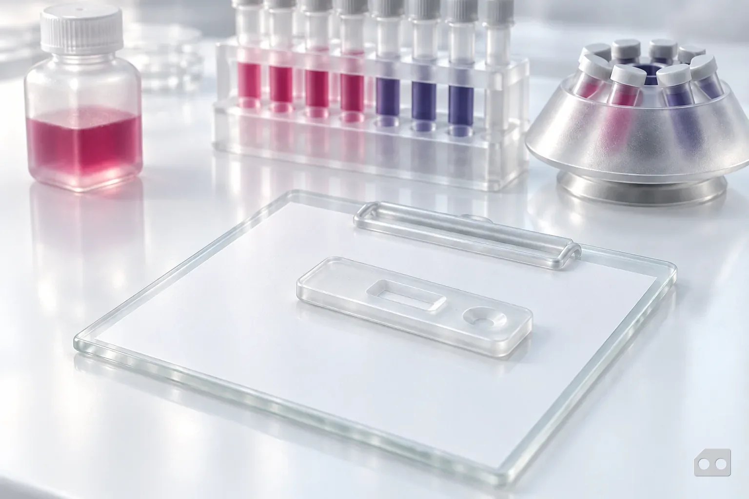 Frosted-glass render of a test cassette resting on a blank requisition clipboard