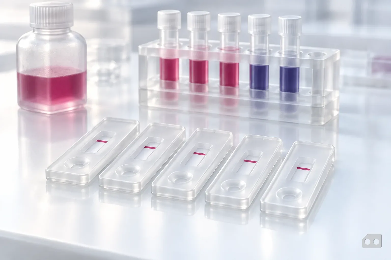 Frosted-glass render of five test cassettes in a row, each with a single control line, in front of a tube rack