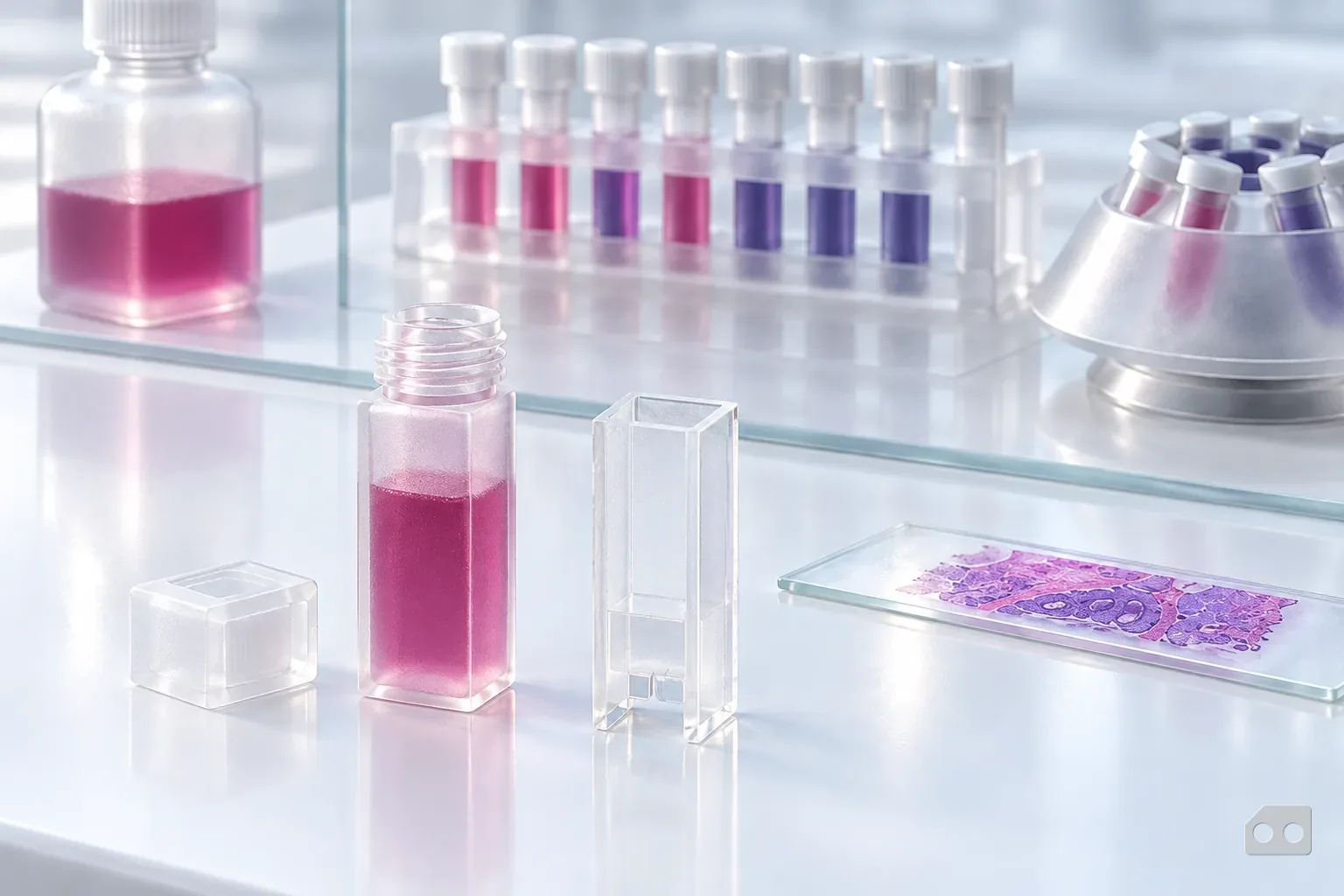 Frosted-glass render of a rack of tubes held behind a divider with a fresh control vial in front