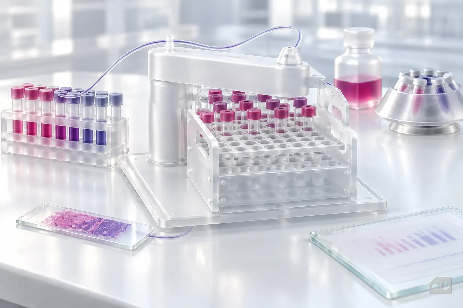 Frosted-glass render of a tube rack, an analyzer sample tray with tubing, a stained slide and a chart under glass