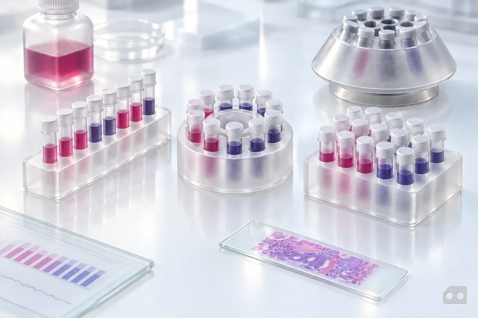 Frosted-glass render of three specimen racks with different layouts side by side