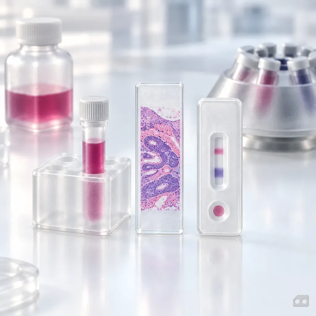 Frosted-glass render of a small rack holding a tube, a slide and a test cassette upright