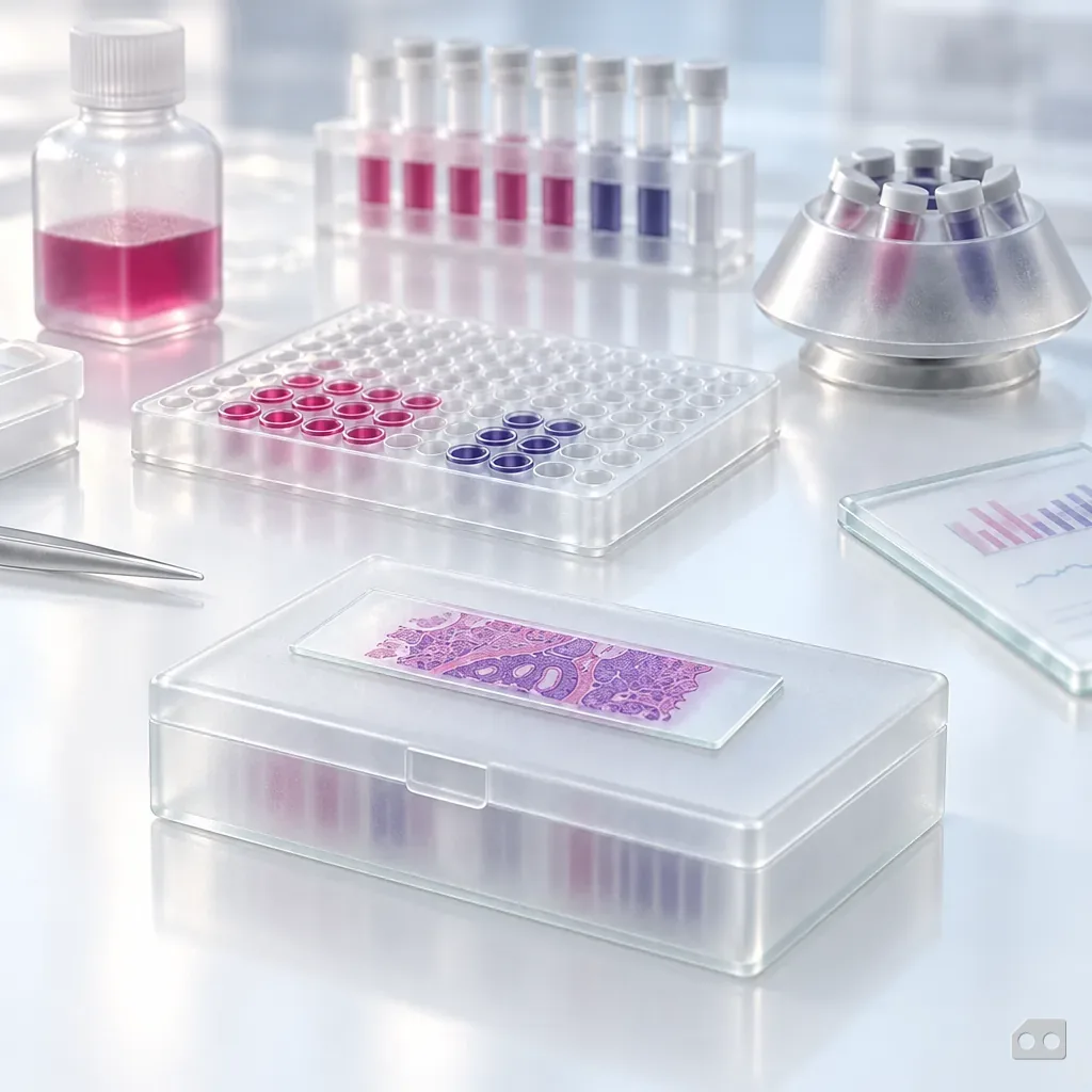 Frosted-glass render of a closed slide box with a stained slide on its lid