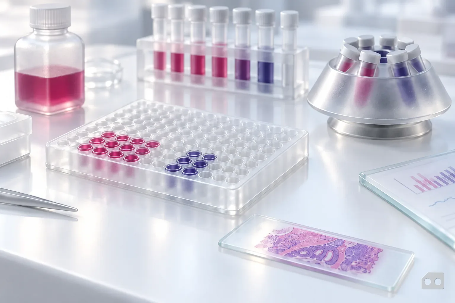 Frosted-glass render of a 96-well plate with a few wells filled, a tube rack behind it