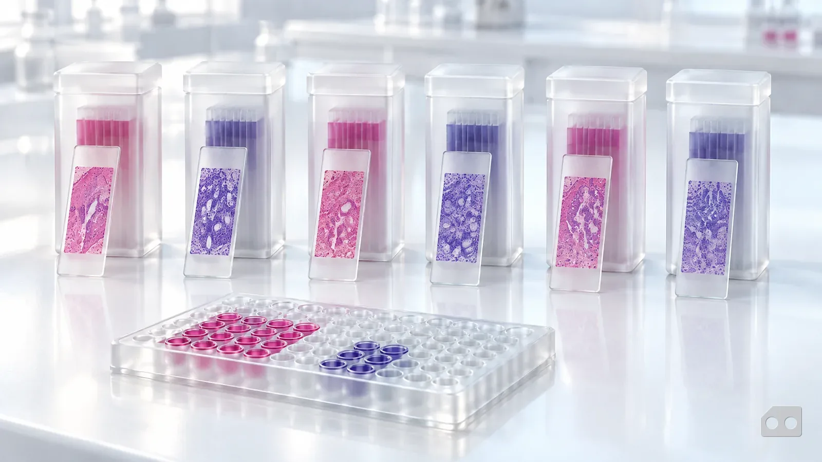 Frosted-glass render of six upright slide boxes, each with a stained slide in front