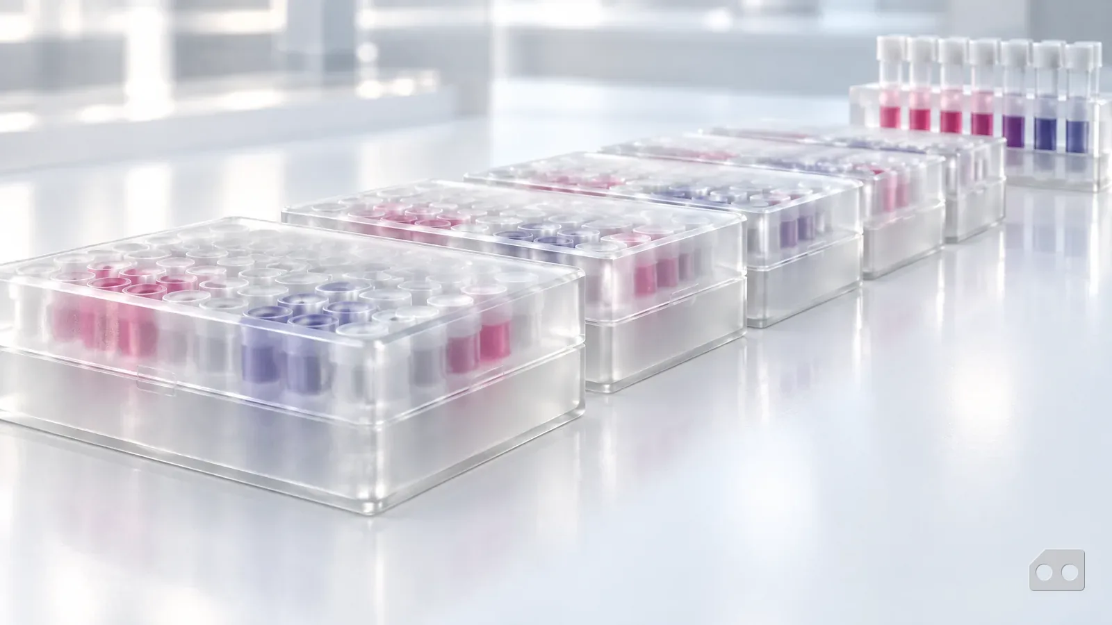 Frosted-glass render of a row of sealed sample kit boxes along a white bench