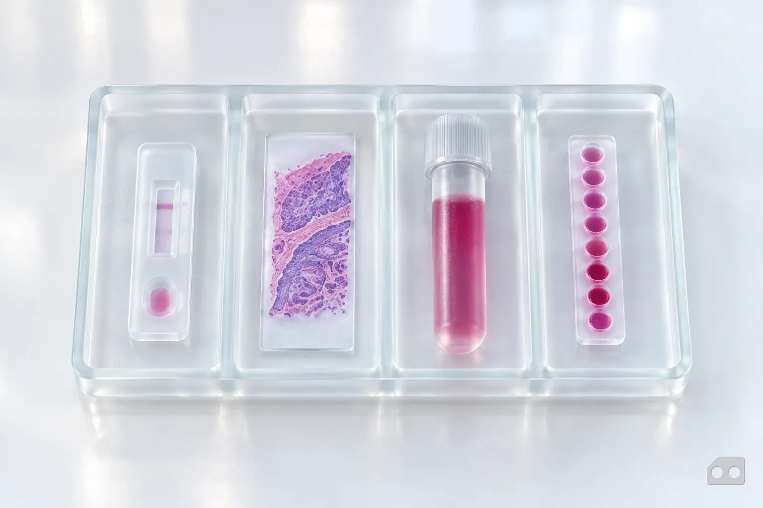 Frosted-glass render of a four-compartment tray holding a cassette, a slide, a tube and a well strip