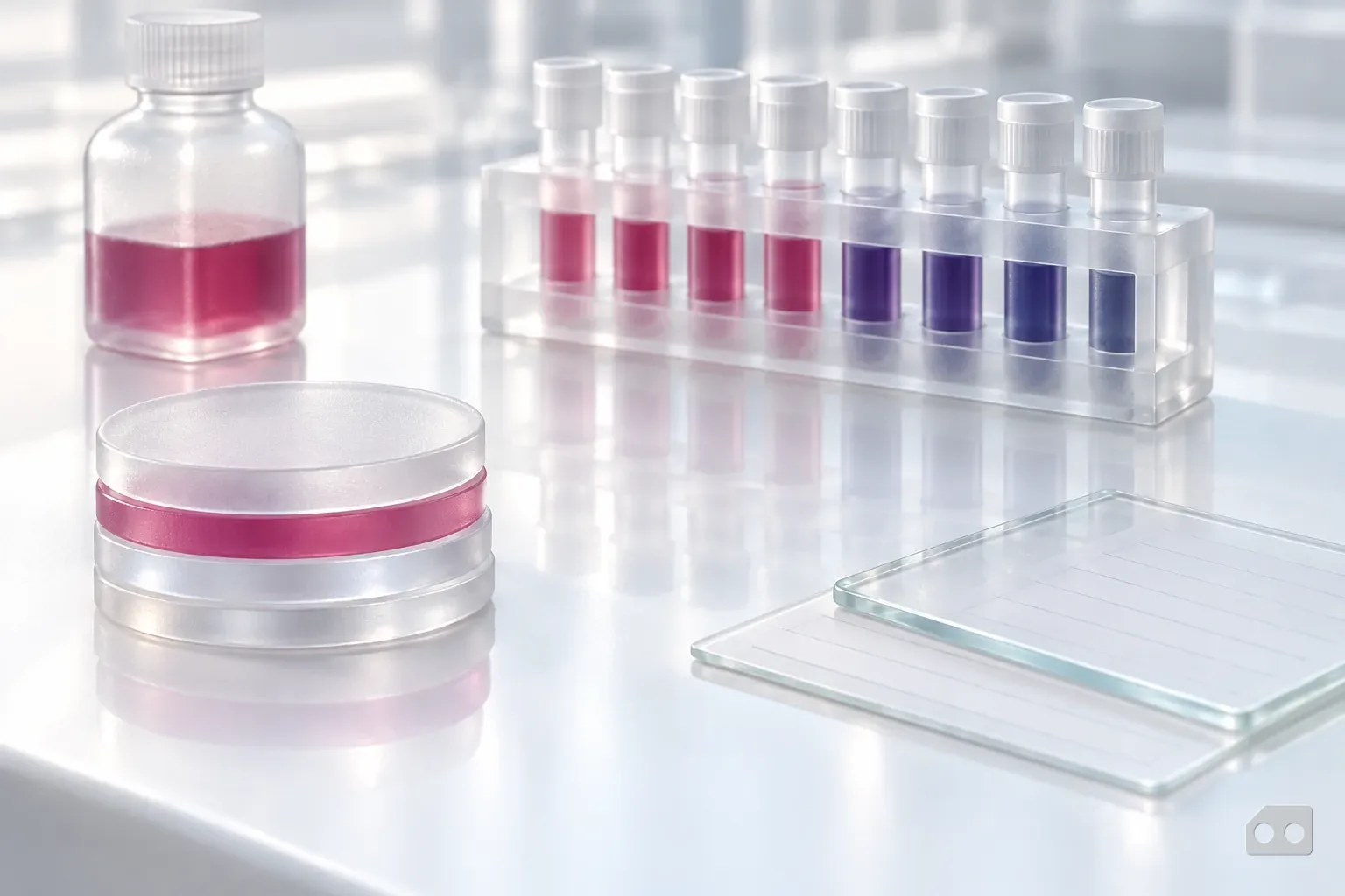 Frosted-glass render of a stack of glass discs beside a tube rack and a blank coupon