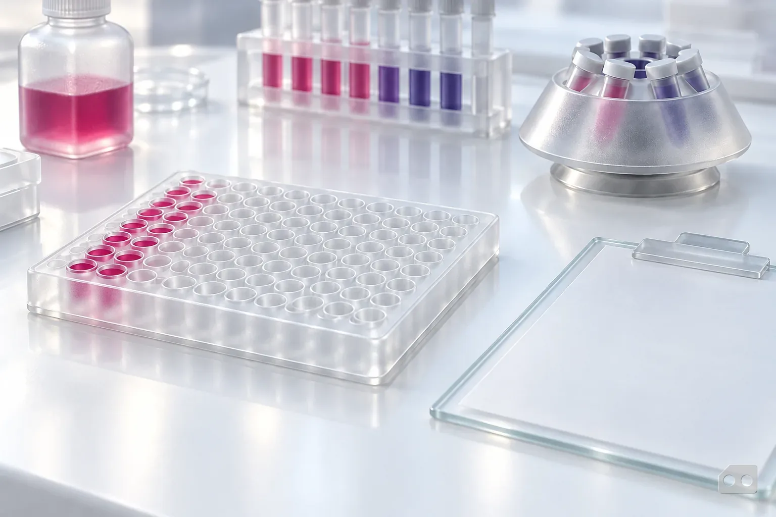 Frosted-glass render of a well plate with one column filled beside a blank clipboard