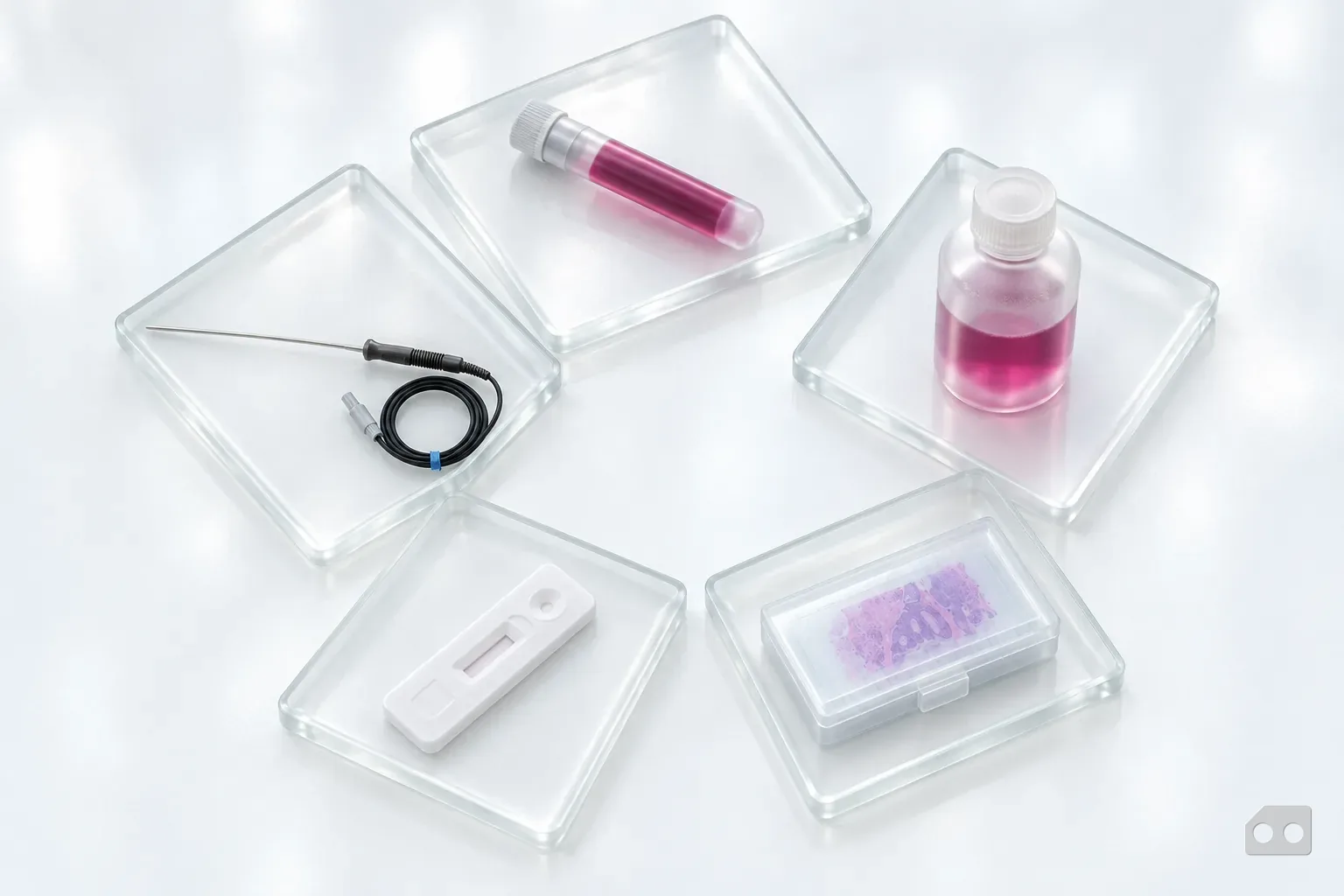Frosted-glass render of five small trays in a ring, each holding one lab object