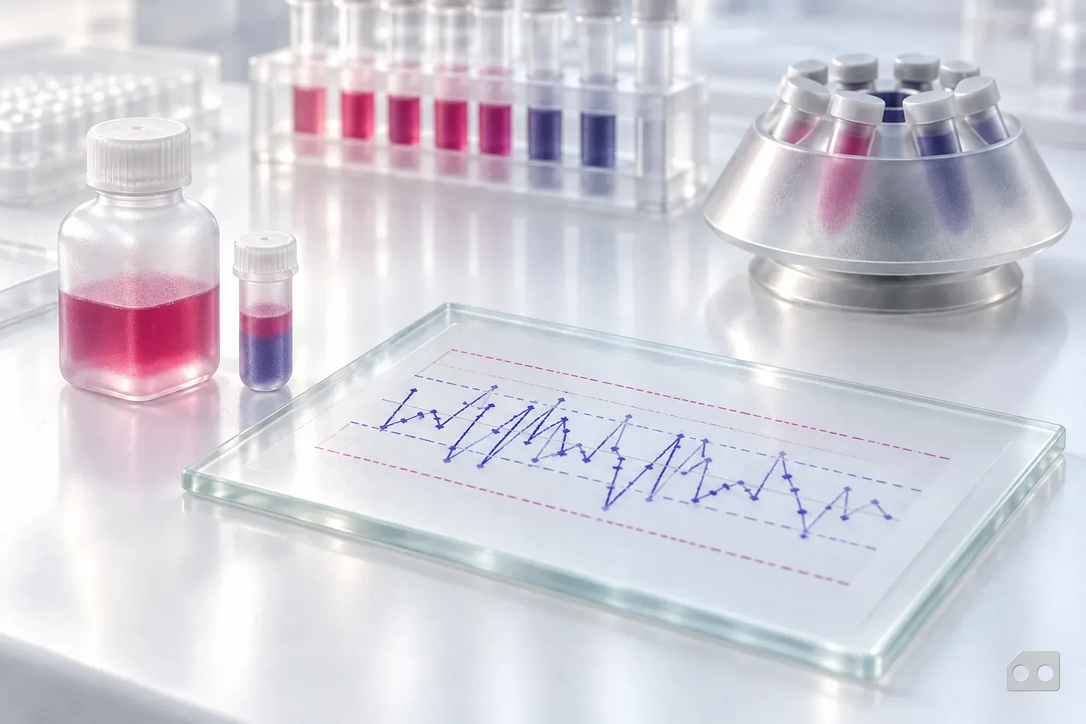 Frosted-glass render of a control chart under a glass sheet beside a reagent bottle