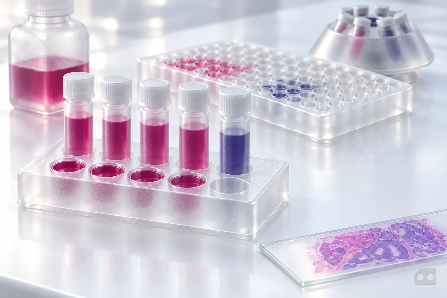 Frosted-glass render of five sample vials with four filled wells and one open well in front