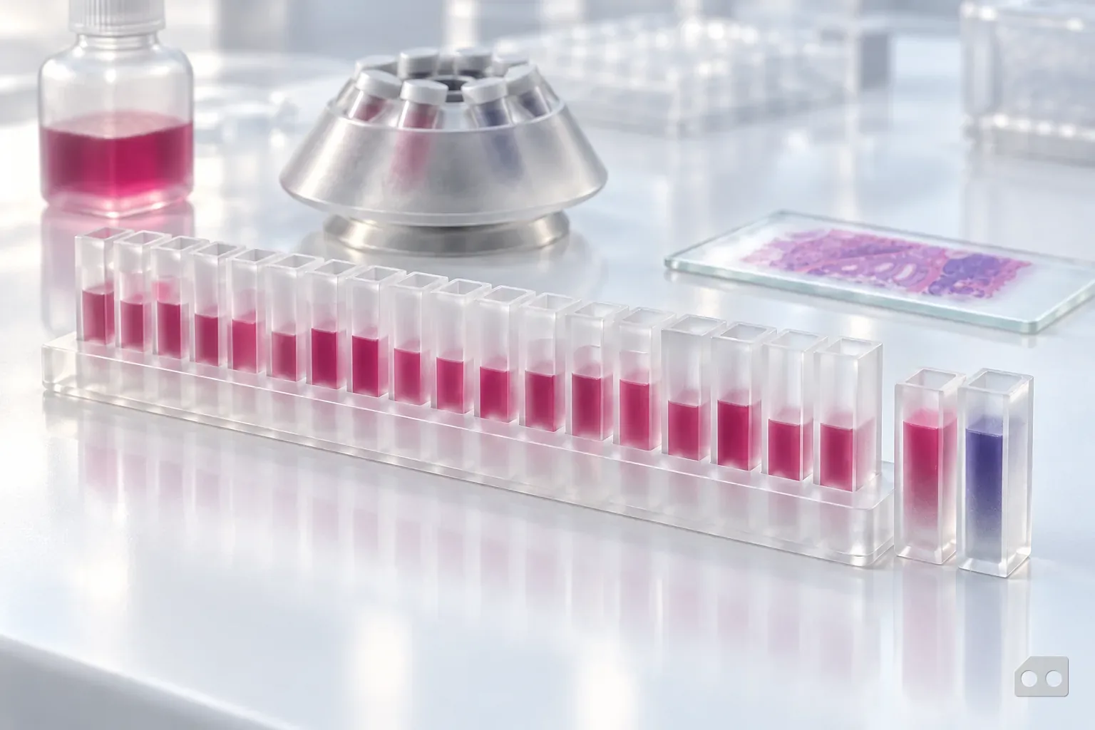 Frosted-glass render of a long rack of twenty square cuvettes with slightly varying eosin fill levels and two more cuvettes at the end