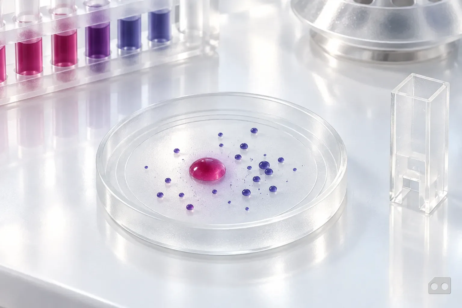Frosted-glass render of a ringed glass dish with an eosin droplet just off centre